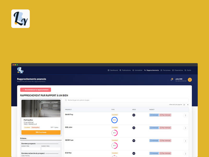 page de gestion des prospects du logiciel
